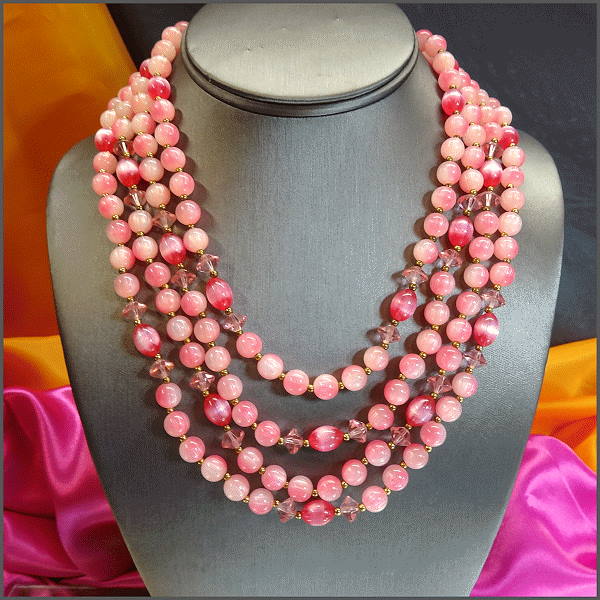 1960s Vintage LISNER Necklace 4 Strands Pink Moonstones w Crystals