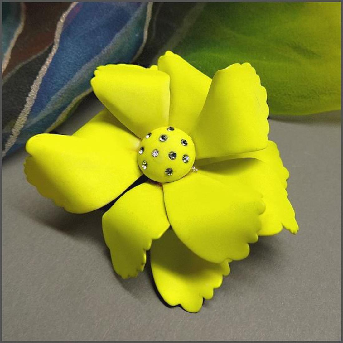 1960s Wild Vintage Brooch RARE Satin Lime Green w Rhinestones 