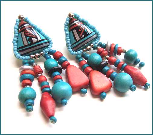 1970s Vintage Pierced Earrings American Indian Style Turquoise Wood Beads
