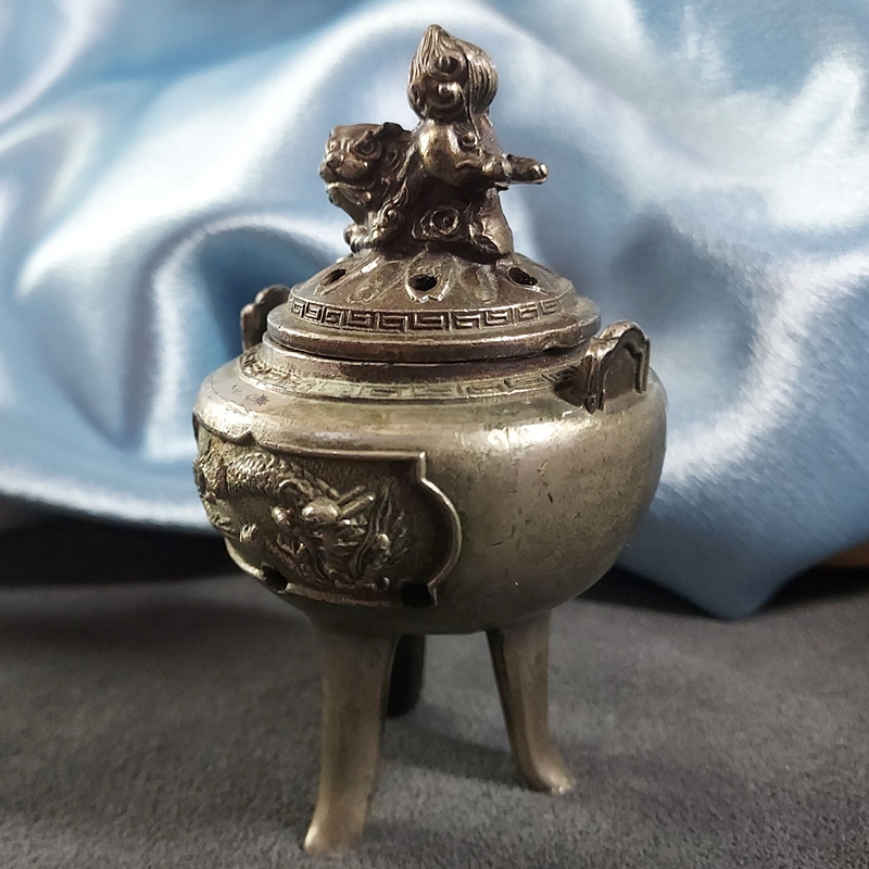1930s Antique Chinese Foo Dog Silver Metal Incense Burner