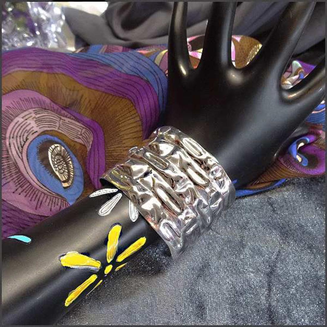 1980s Sterling Silver Crinkle Mosaic Wide Vintage Cuff Bracelet