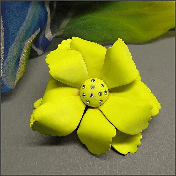 1960s Wild Vintage Brooch RARE Satin Lime Green w Rhinestones