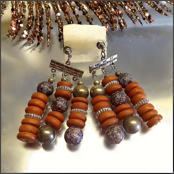 1970s Vintage Pierced Earrings Terra Cotta Wood w Brass Beads 