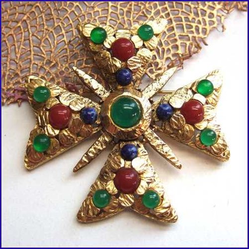 1950s Maltese Cross Vintage Brooch Lapis Carnelian Jade Glass 