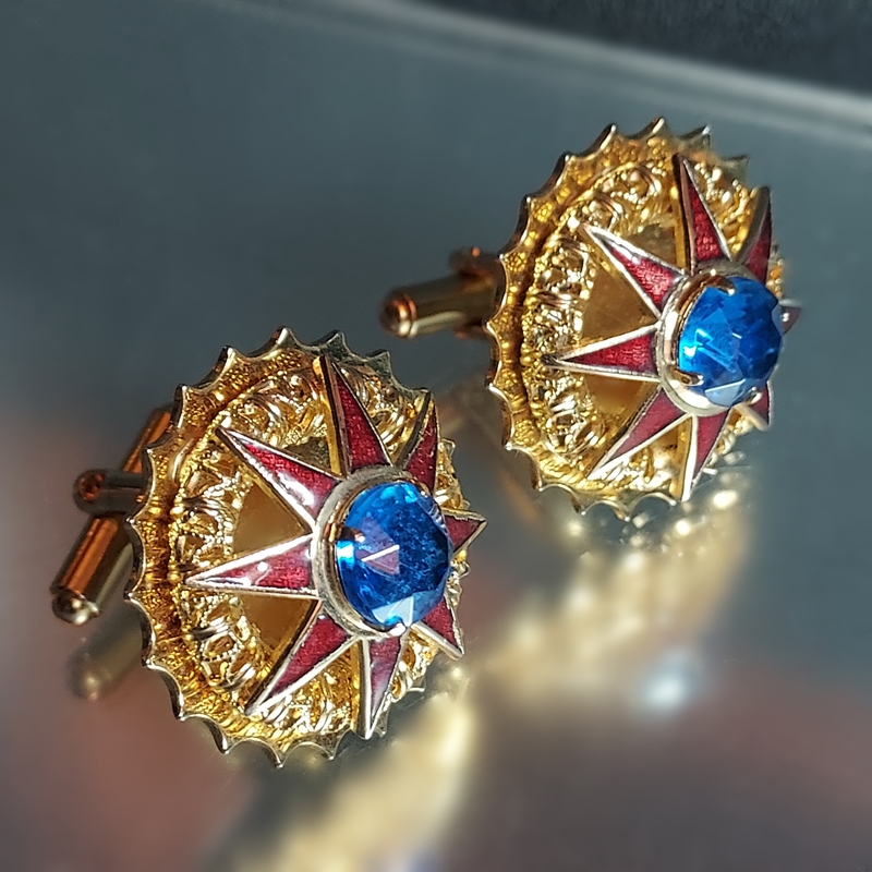 1970s Big Regal 8 Point Star Red Blue Gold Vintage Cufflinks
