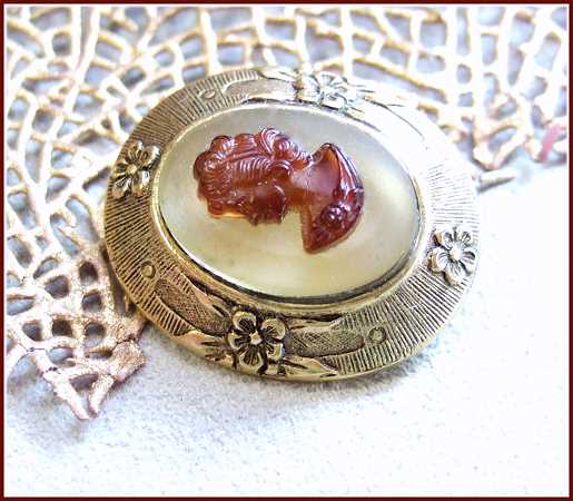 Early 1900s Antique Cameo Pin Tortoise w Camphor Glass 