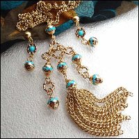 1960s Vintage Long Tassel Necklace w Earrings Gold w Turquoise Set