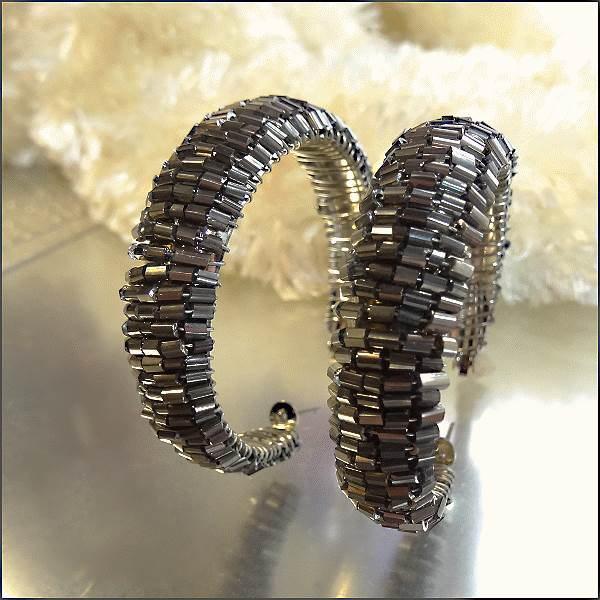 1980s Silver Hematite Big Hoop Vintage Pierced Earrings