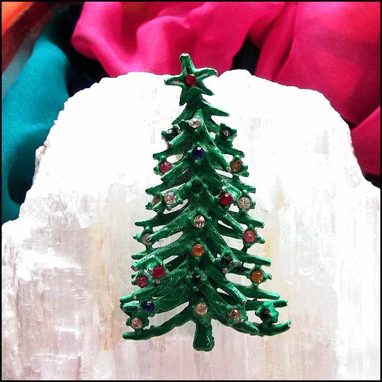 1950s Vintage Christmas Tree Pin Old Design w Rhinestones