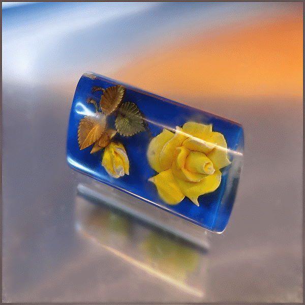 1960s Vintage Rose Pin Reverse Carved Lucite Yellow Blue Flowers