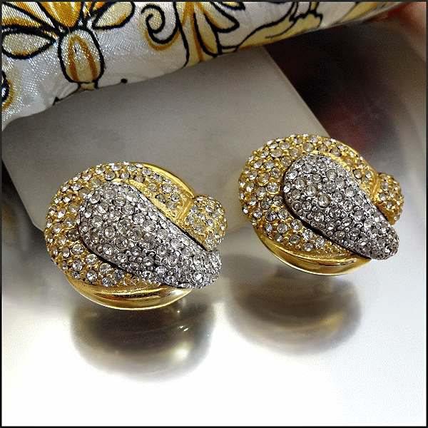 1980s Vintage Designer Swarovski Crystal Earrings Diamante Gold n Silver Ribbons
