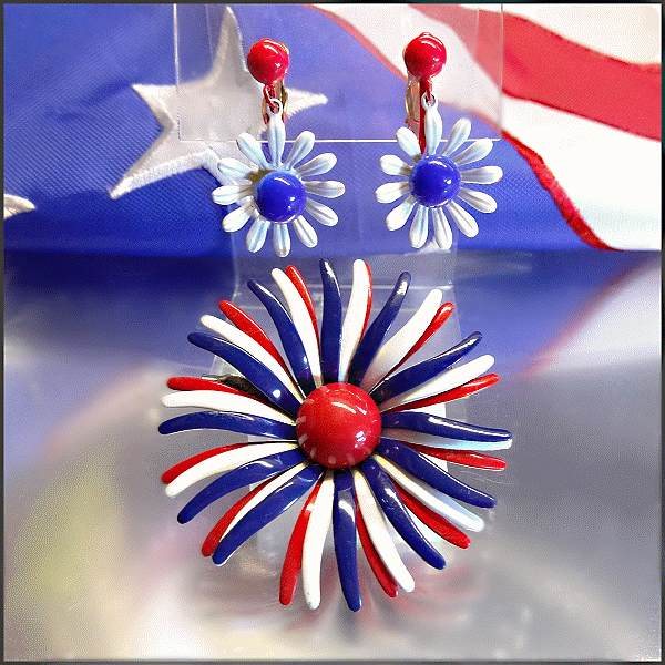 1960s Patriotic Firework Brooch w Earrings Vintage Set