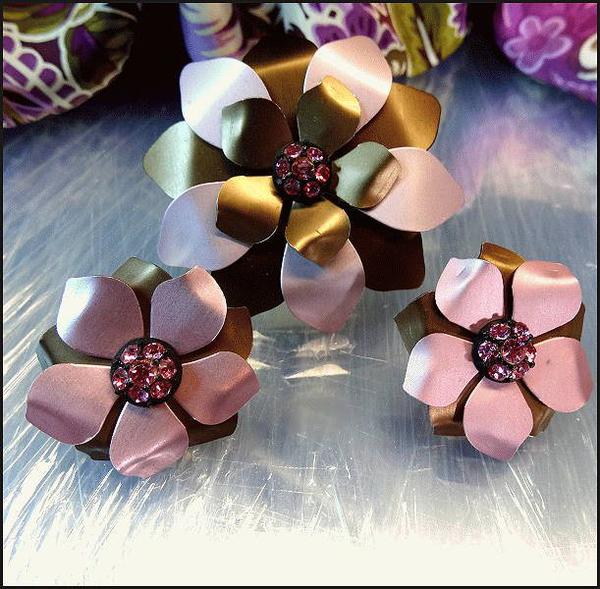 1960s German Satin Flower Pin w Earrings w Hot Pink Rhinestones