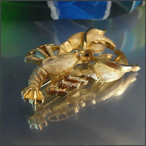 1950s Vintage Satin Gold Maine Lobster Brooch