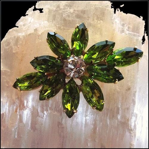 1950s Juliana Style Bright Lime Crystal Vintage Feather Brooch