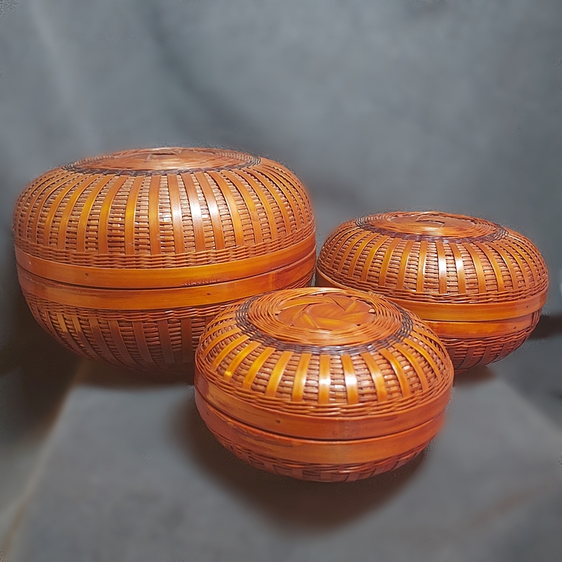 Bamboo Vintage Baskets Mid 20th Century Set of 3 Round Nesting 