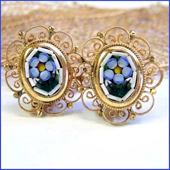 1960s Vintage Italian Earrings Mosaic Blue Glass Flowers