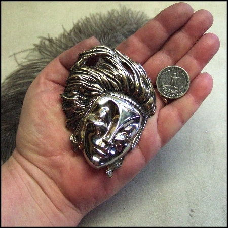 Art Deco Signed Vintage Brooch BIG Silver Gold Lady Face 