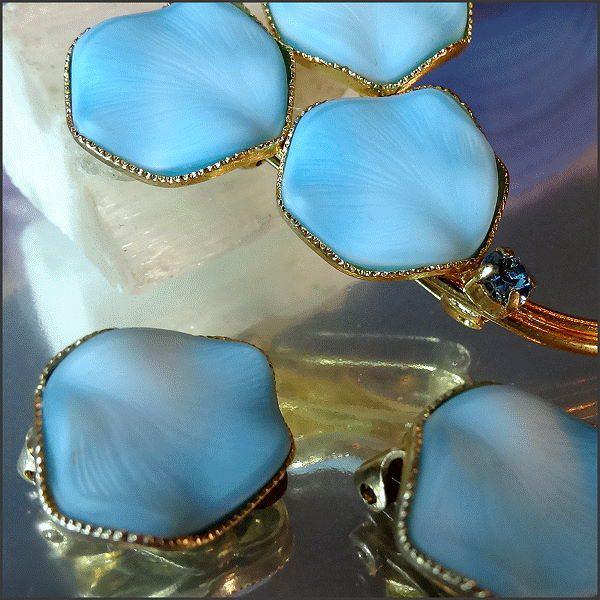 1950s Vintage Rare Blue Satin Glass Pin w Earrings Elegant West Germany Set