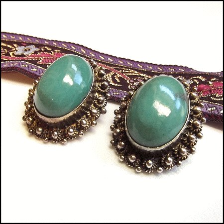 1950s Persian Sterling Turquoise Clip Earrings Signed Israel