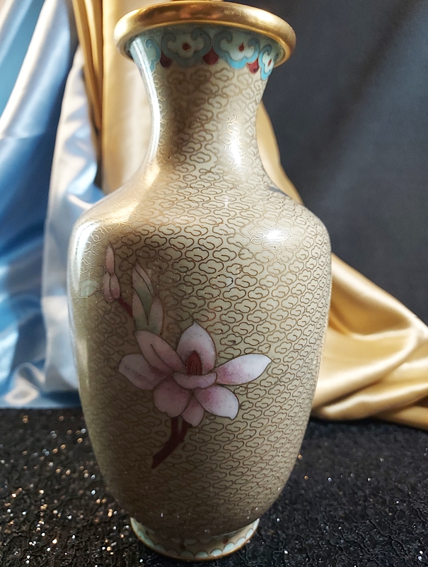 1960s Chinese Cloisonne Vase Cloud & Bird w Plum Blossoms