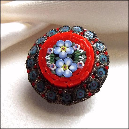 1930s Antique Italian Pin Petite Venetian Glass Mosaic Flowers 