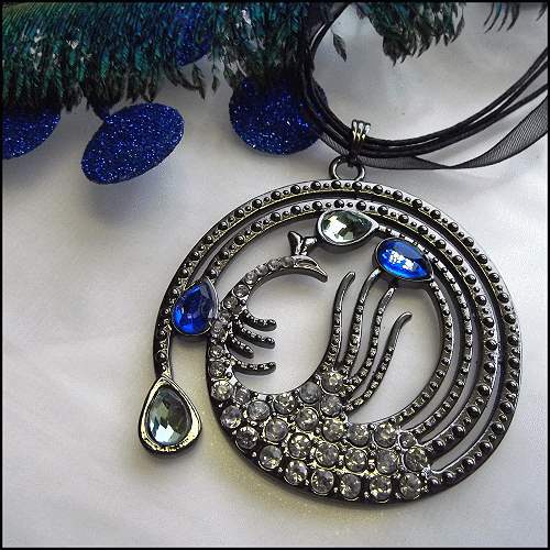 Peacock Necklace Big Medallion Pendant w Rhinestones