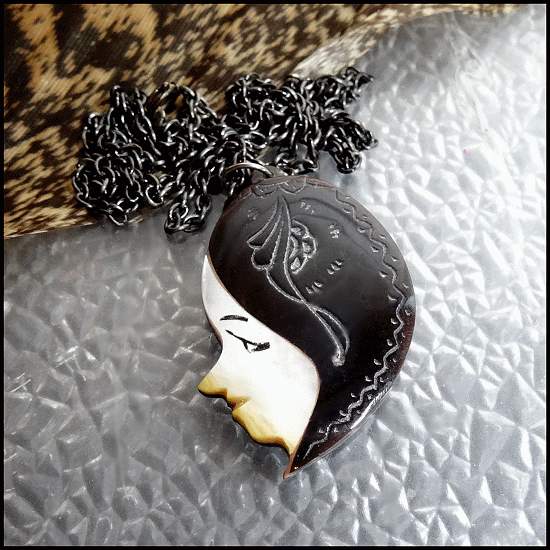 1920s Art Deco Carved Tortoise Shell Lady Face Antique Pendant Necklace