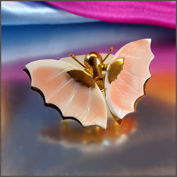 1960s Vintage Butterfly Pin Petite Pink Conch Sea Shell Pendant