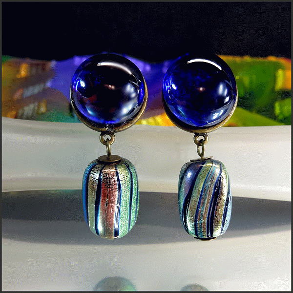 Italian Art Glass Clip Earrings Cobalt w Electric Green 
