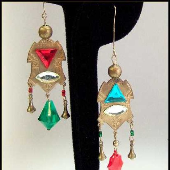1940s Vintage Christmas Pierced Earrings Egyptian Revival Big Gold Dangles 
