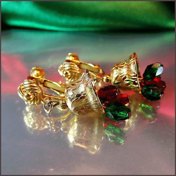 1960s Vintage Christmas Earrings Designer Rolled Gold Bells w Crystals