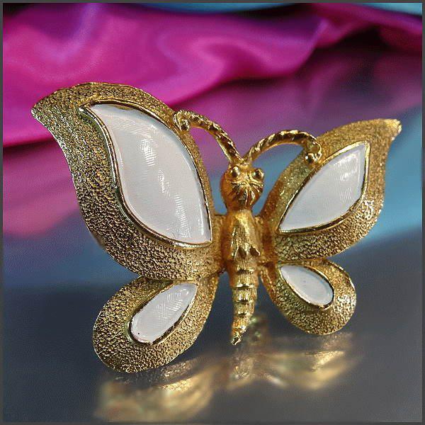 1950s Signed Florenza Gold White Butterfly Vintage Brooch