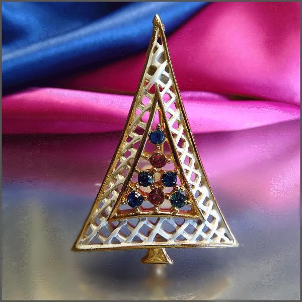 1960s Vintage Christmas Tree Pin Modern Lattice w Rhinestones