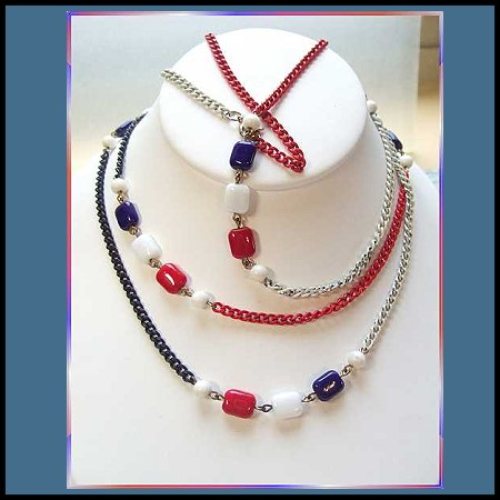 1960s Red White Blue Glass Long Vintage Patriotic Necklace