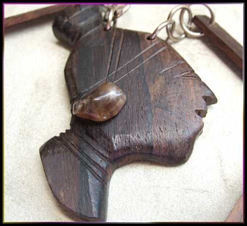 1960s Vintage Necklace Jamaican Wood Carved Lady Face Pendant 