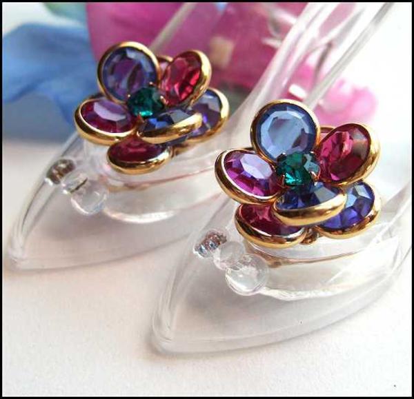 1960s Vintage Swarovski Crystal Earrings Petite Pink Blue Flowers