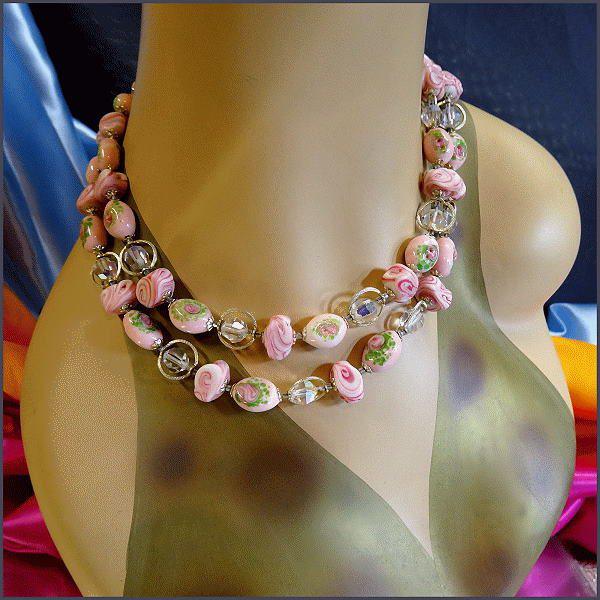 1950s Italian Vintage Glass Necklace Murano Pink Millefiori Roses 