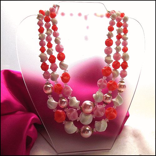 1960s Vintage Pearl Necklace West Germany Pink 3 Strand 