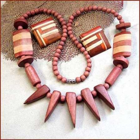 1980s Wood Bead Vintage Necklace w Earrings Teak Bamboo Mosaic Costa Rica