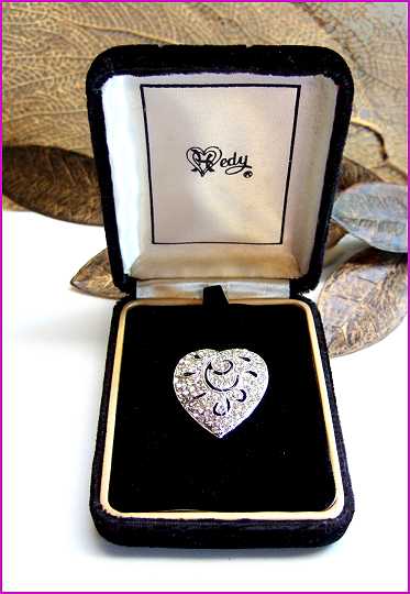 1960s Vintage Silver Heart Brooch Crystal Pin or Pendant Signed HEDY
