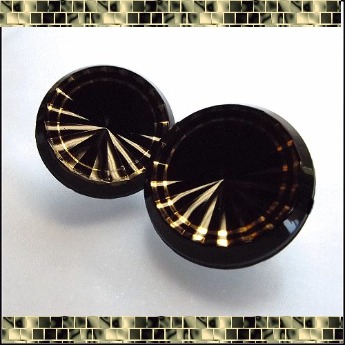 1950s Black Glass w Gold Beveled Button Vintage Earrings
