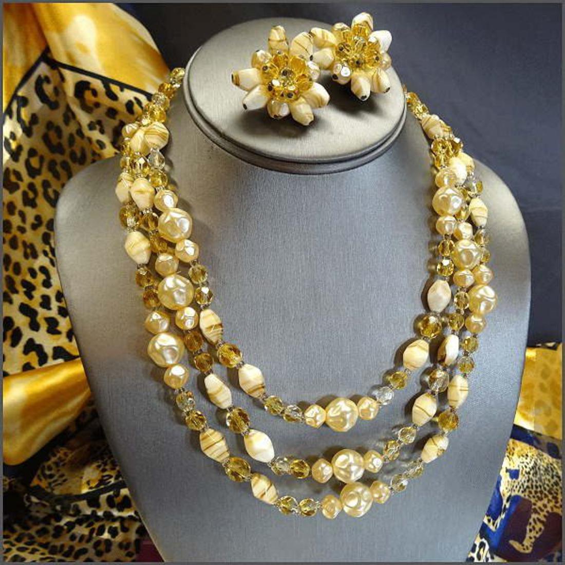 1950s West German Superb Pearl Citrine Crystal Necklace w Earrings Set