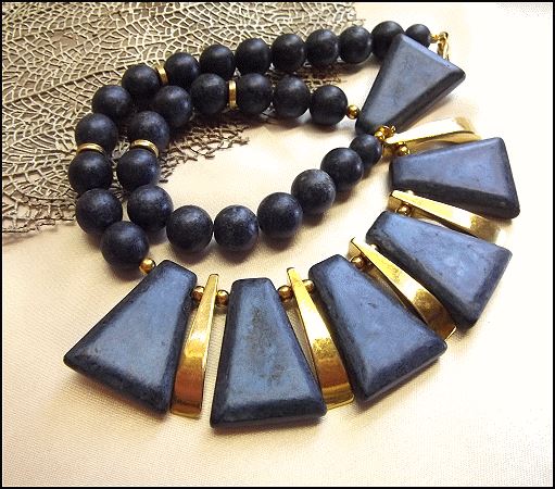 1970s Egyptian Revival Metallic Blue Wood Vintage Panel Necklace