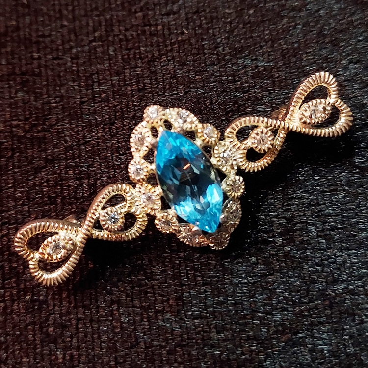 1960s Vintage Heart Pin Aquamarine w Diamonds in Sterling Silver 