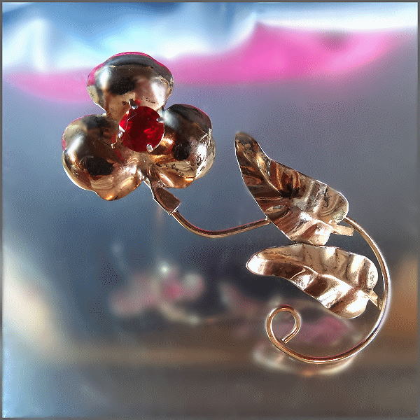 1940s Sterling Silver Flower Pin Ruby Red Glass Vintage Brooch