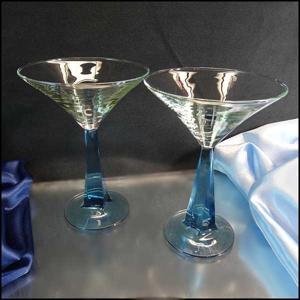 Retro Vintage Modern Martini Cocktail Glasses LG w Twisted Blue Stems Pair