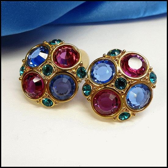 Vintage Swarovski Signed Clip Earrings Jewel Tone Crystals