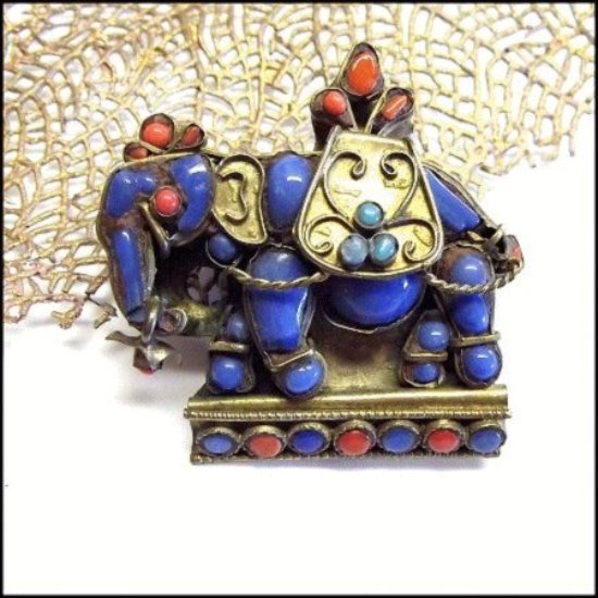 Antique Persian Elephant Brooch Coral w Turquoise Pendant