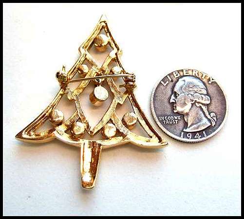 1980s Vintage Christmas Tree Pin Modern Gold w Dangling Crystals